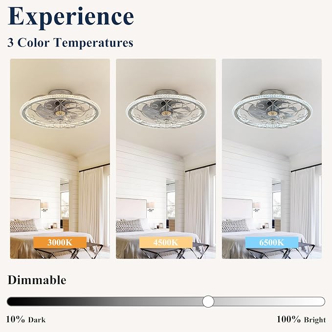Low Profile Ceiling Fans with Lights and Remote, 20'' Flush Mount Lighting Fan, Smart Bladeless Caged Fandelier, 3 Colors