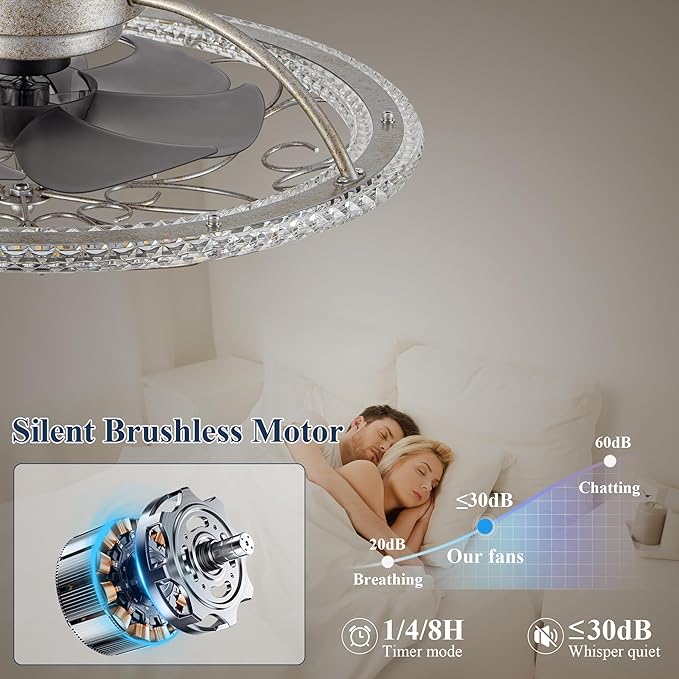 Low Profile Ceiling Fans with Lights and Remote, 20'' Flush Mount Lighting Fan, Smart Bladeless Caged Fandelier, 3 Colors