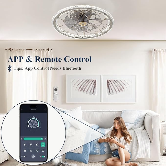 Low Profile Ceiling Fans with Lights and Remote, 20'' Flush Mount Lighting Fan, Smart Bladeless Caged Fandelier, 3 Colors