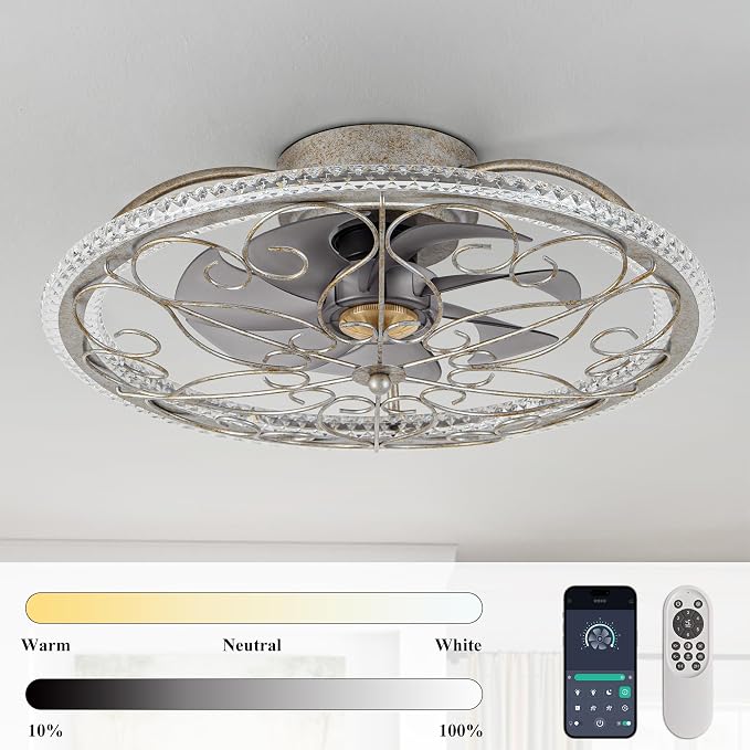Low Profile Ceiling Fans with Lights and Remote, 20'' Flush Mount Lighting Fan, Smart Bladeless Caged Fandelier, 3 Colors