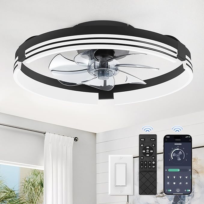 Low Profile Ceiling Fans with Lights and Remote, 20 Inch Flush Mount Ceiling Fan with Light, 3000K-6000K