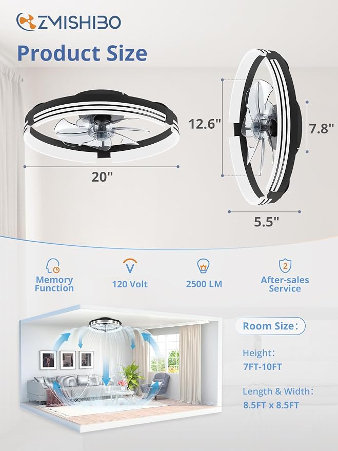 Low Profile Ceiling Fans with Lights and Remote, 20 Inch Flush Mount Ceiling Fan with Light, 3000K-6000K, alternate view 6