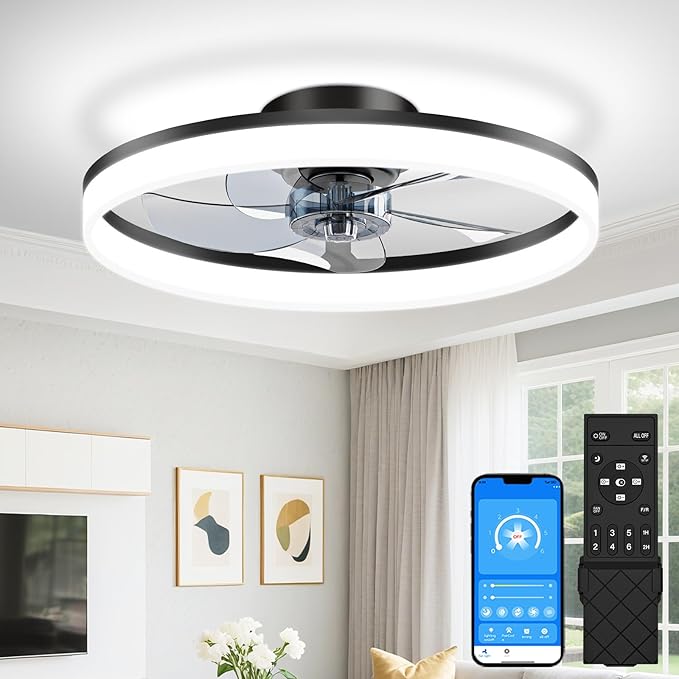 Low Profile Ceiling Fans with Lights and Remote, 20in Fandelier Ceiling Fan Flush Mount, 3000K-6500K Smart Bladeless LED Fan