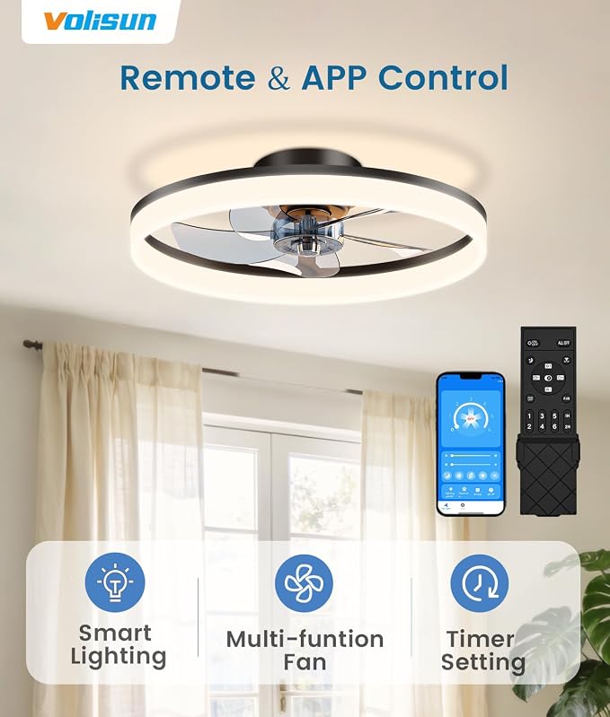 Low Profile Ceiling Fans with Lights and Remote, 20in Fandelier Ceiling Fan Flush Mount, 3000K-6500K Smart Bladeless LED Fan