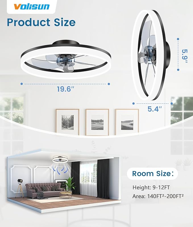 Low Profile Ceiling Fans with Lights and Remote, 20in Fandelier Ceiling Fan Flush Mount, 3000K-6500K Smart Bladeless LED Fan
