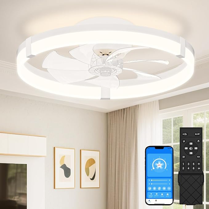 Low Profile Ceiling Fans with Lights and Remote, 20in Flush Mount Ceiling Fans with Light, 3000K-6500K Dimmable Fandelier