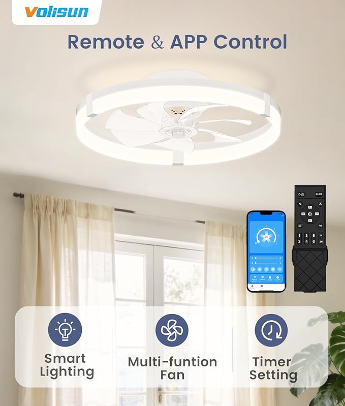 Low Profile Ceiling Fans with Lights and Remote, 20in Flush Mount Ceiling Fans with Light, 3000K-6500K Dimmable Fandelier
