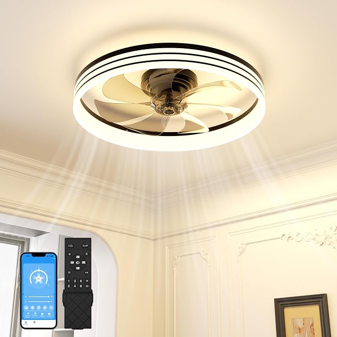 Low Profile Ceiling Fans with Lights and Remote, 20in Flush Mount Ceiling Fan with Light, 3000K-6500K Dimmable