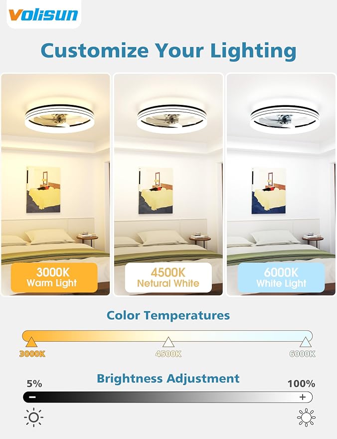 Low Profile Ceiling Fans with Lights and Remote, 20in Flush Mount Ceiling Fan with Light, 3000K-6500K Dimmable, alternate