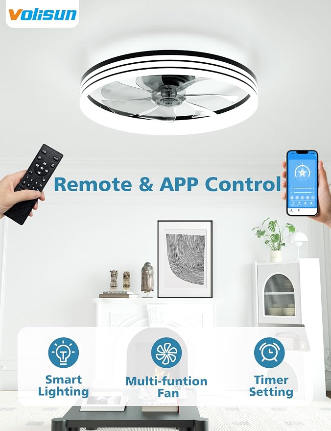 Low Profile Ceiling Fans with Lights and Remote, 20in Flush Mount Ceiling Fan with Light, 3000K-6500K Dimmable, alternate