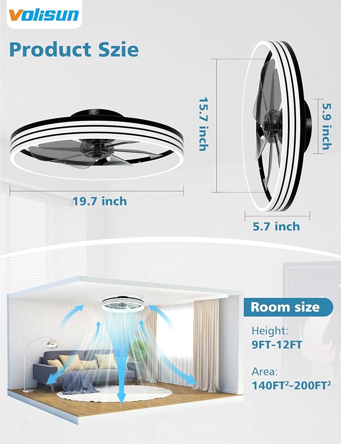Low Profile Ceiling Fans with Lights and Remote, 20in Flush Mount Ceiling Fan with Light, 3000K-6500K Dimmable, alternate