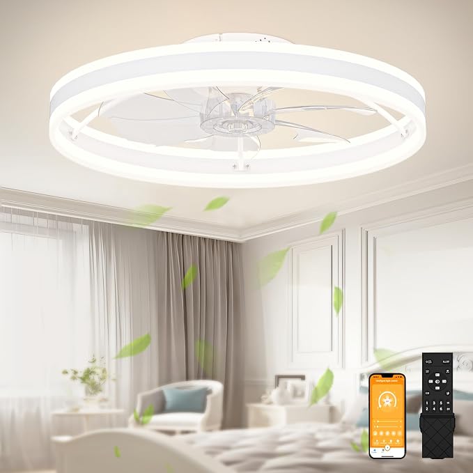 Low Profile Ceiling Fans with Lights and Remote, 23.6in Flush Mount Ceiling Fans with Light, 3000K-6500K Dimmable Fandelier