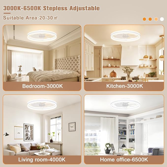 Low Profile Ceiling Fans with Lights and Remote, 23.6in Flush Mount Ceiling Fans with Light, 3000K-6500K Dimmable Fandelier