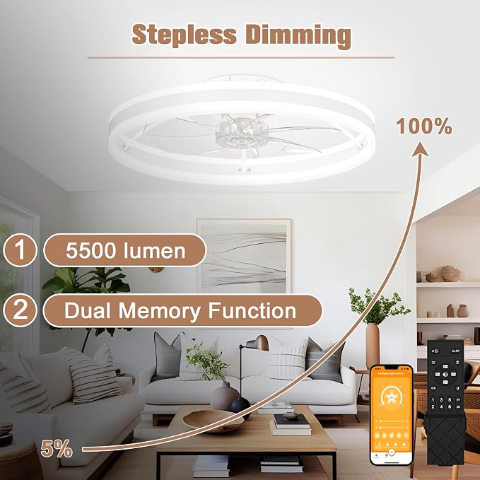 Low Profile Ceiling Fans with Lights and Remote, 23.6in Flush Mount Ceiling Fans with Light, 3000K-6500K Dimmable Fandelier