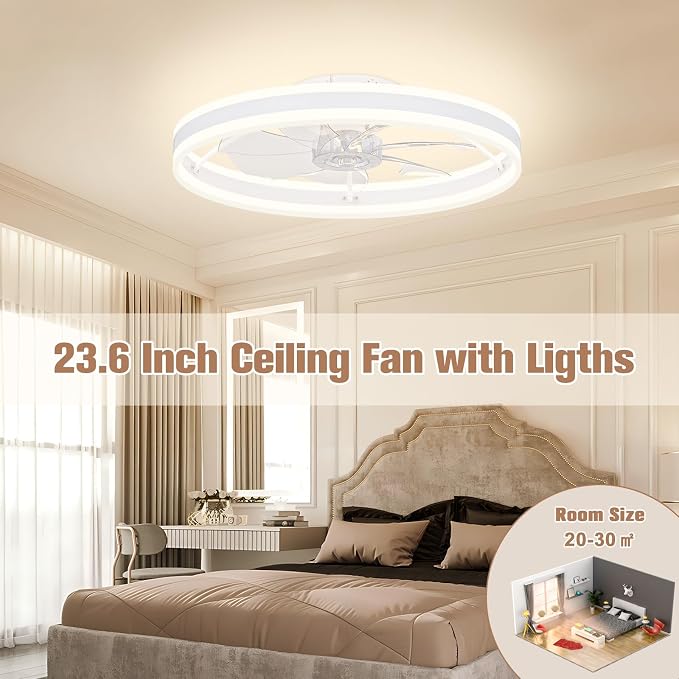 Low Profile Ceiling Fans with Lights and Remote, 23.6in Flush Mount Ceiling Fans with Light, 3000K-6500K Dimmable Fandelier