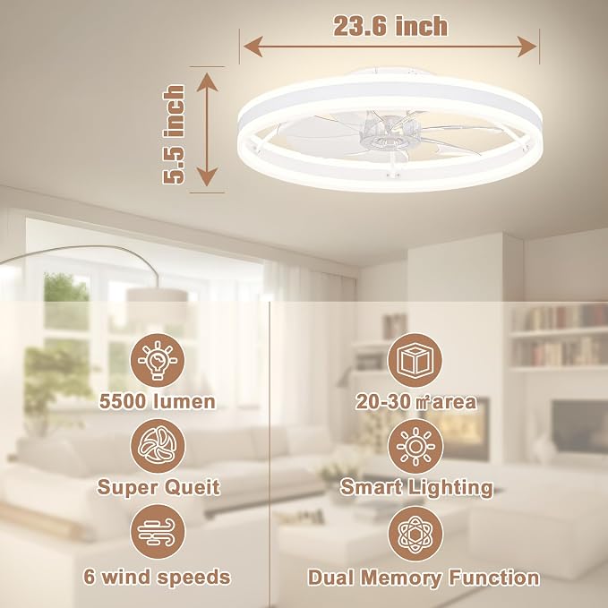 Low Profile Ceiling Fans with Lights and Remote, 23.6in Flush Mount Ceiling Fans with Light, 3000K-6500K Dimmable Fandelier