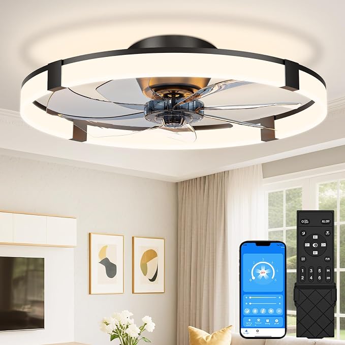 Low Profile Ceiling Fans with Lights and Remote, 23.6in Flush Mount Ceiling Fans with Light, 3000K-6500K