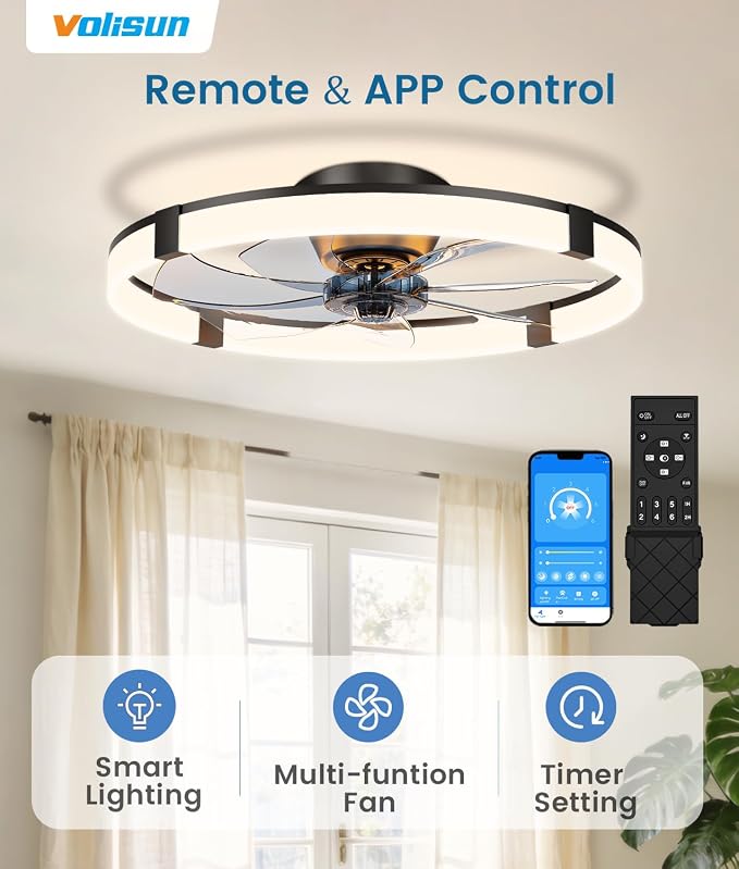 Low Profile Ceiling Fans with Lights and Remote, 23.6in Flush Mount Ceiling Fans with Light, 3000K-6500K, alternate view 3