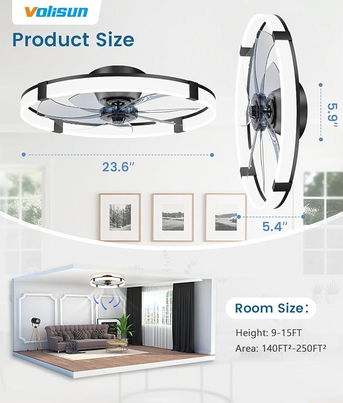 Low Profile Ceiling Fans with Lights and Remote, 23.6in Flush Mount Ceiling Fans with Light, 3000K-6500K, alternate view 6