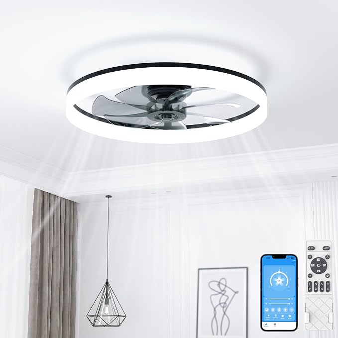 Low Profile Ceiling Fans with Lights and Remote, 24in Fandelier Ceiling Fan with Light, 3000K-6500K Dimmable Bladeless LED