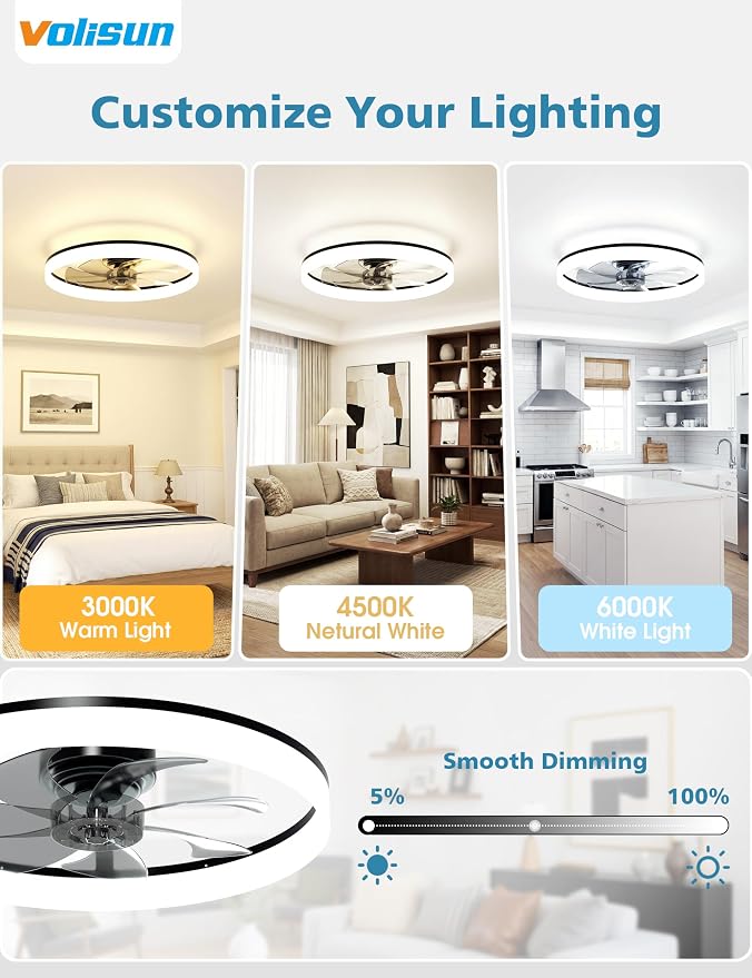 Low Profile Ceiling Fans with Lights and Remote, 24in Fandelier Ceiling Fan with Light, 3000K-6500K Dimmable Bladeless LED