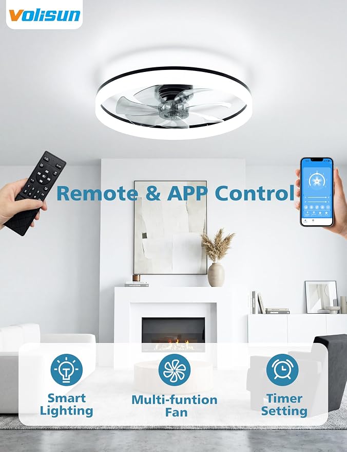 Low Profile Ceiling Fans with Lights and Remote, 24in Fandelier Ceiling Fan with Light, 3000K-6500K Dimmable Bladeless LED