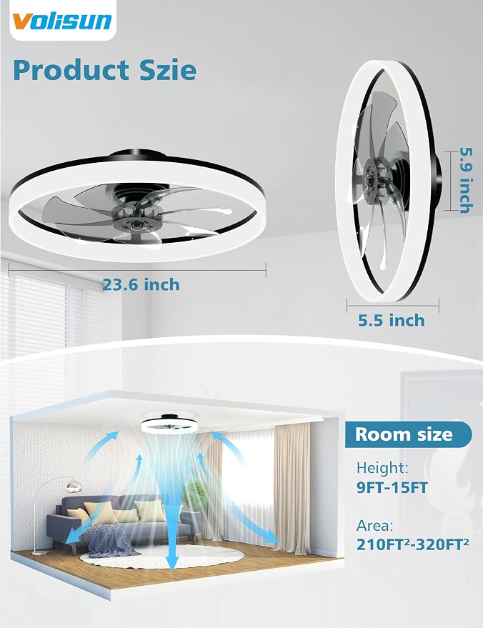 Low Profile Ceiling Fans with Lights and Remote, 24in Fandelier Ceiling Fan with Light, 3000K-6500K Dimmable Bladeless LED
