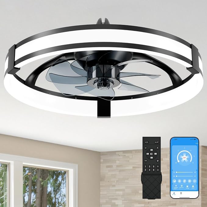 Low Profile Ceiling Fans with Lights and Remote, 3000K-6500K Smart Bladeless LED Fan, 20" Black Modern Flush Mount Ceiling