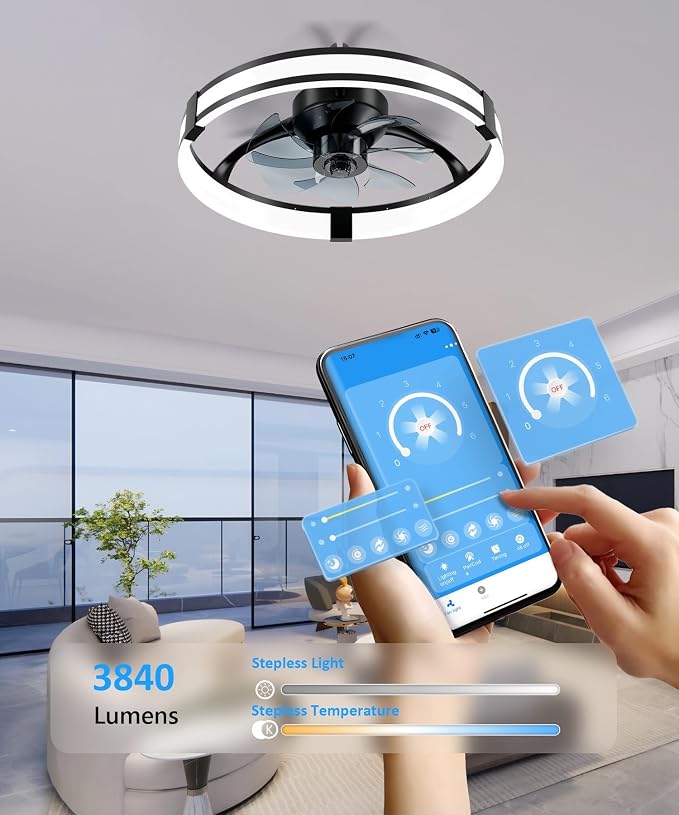 Low Profile Ceiling Fans with Lights and Remote, 3000K-6500K Smart Bladeless LED Fan, 20" Black Modern Flush Mount Ceiling