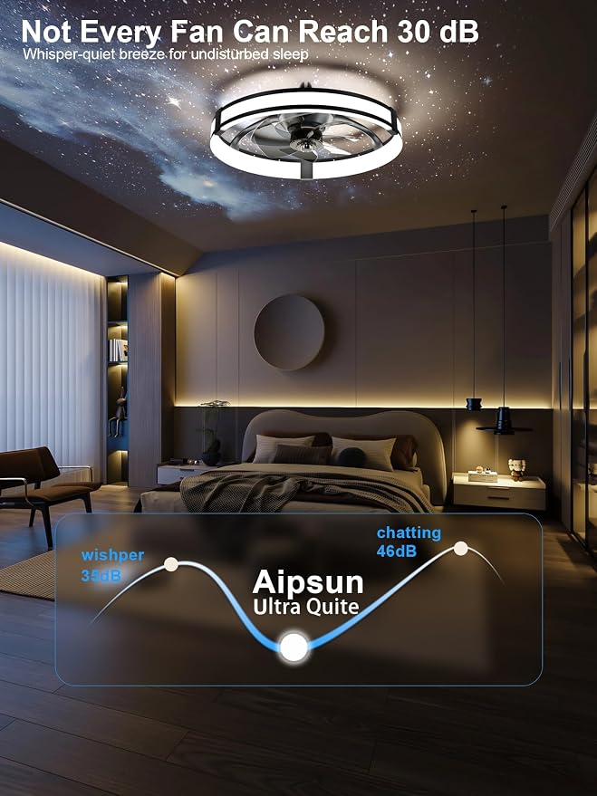 Low Profile Ceiling Fans with Lights and Remote, 3000K-6500K Smart Bladeless LED Fan, 20" Black Modern Flush Mount Ceiling