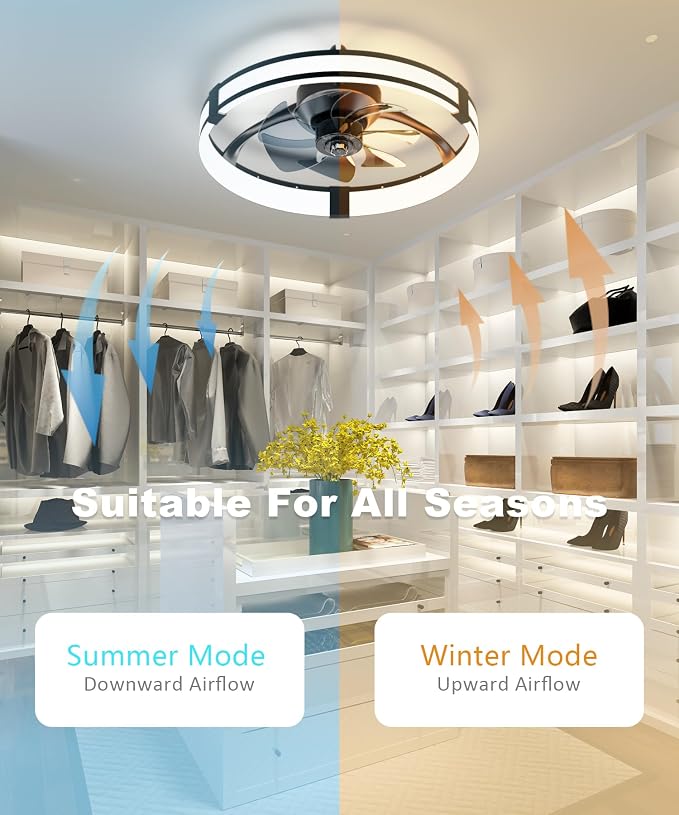 Low Profile Ceiling Fans with Lights and Remote, 3000K-6500K Smart Bladeless LED Fan, 20" Black Modern Flush Mount Ceiling