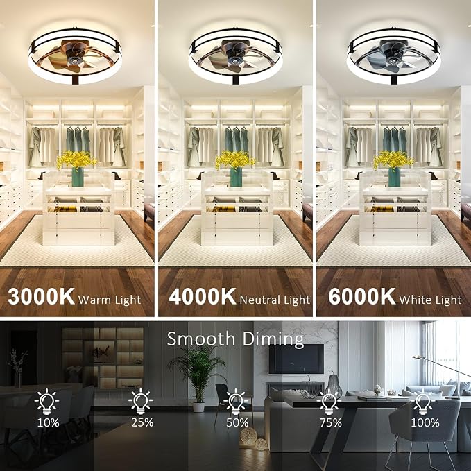 Low Profile Ceiling Fans with Lights and Remote, 3000K-6500K Smart Bladeless LED Fan, 20" Black Modern Flush Mount Ceiling