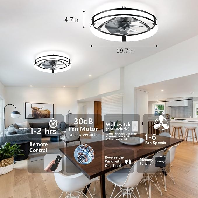 Low Profile Ceiling Fans with Lights and Remote, 3000K-6500K Smart Bladeless LED Fan, 20" Black Modern Flush Mount Ceiling