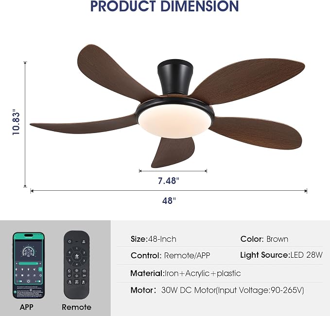 Low Profile Ceiling Fans with Lights and Remote/APP,48 Inch Modern LED Ceiling Fans with Quiet Reversible DC, alternate view