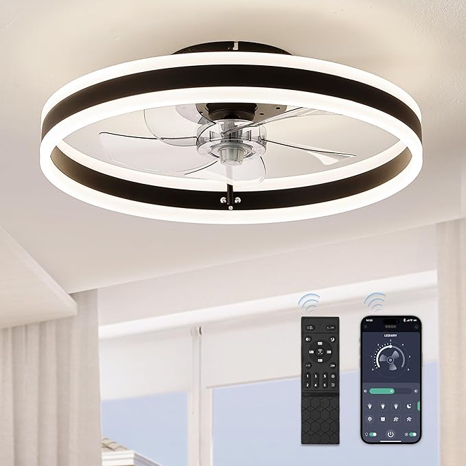 Low Profile Ceiling Fans with Lights, Flush Mount Modern Ceiling Fan and Remote Control, 19.7" LED Ceiling Fans, Stepless