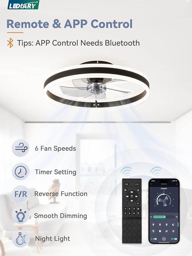 Low Profile Ceiling Fans with Lights, Flush Mount Modern Ceiling Fan and Remote Control, 19.7" LED Ceiling Fans, Stepless