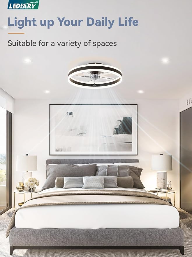 Low Profile Ceiling Fans with Lights, Flush Mount Modern Ceiling Fan and Remote Control, 19.7" LED Ceiling Fans, Stepless