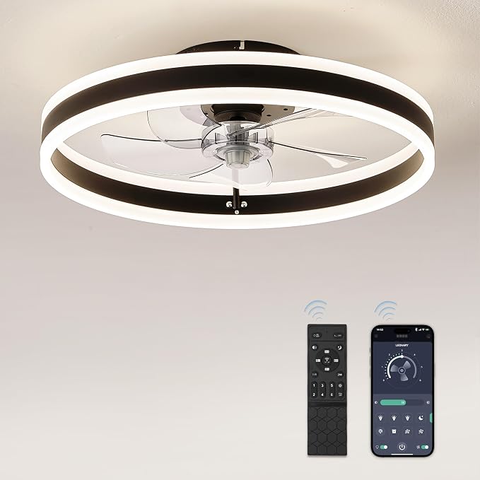Low Profile Ceiling Fans with Lights, Flush Mount Modern Ceiling Fan and Remote Control, 19.7" LED Ceiling Fans, Stepless