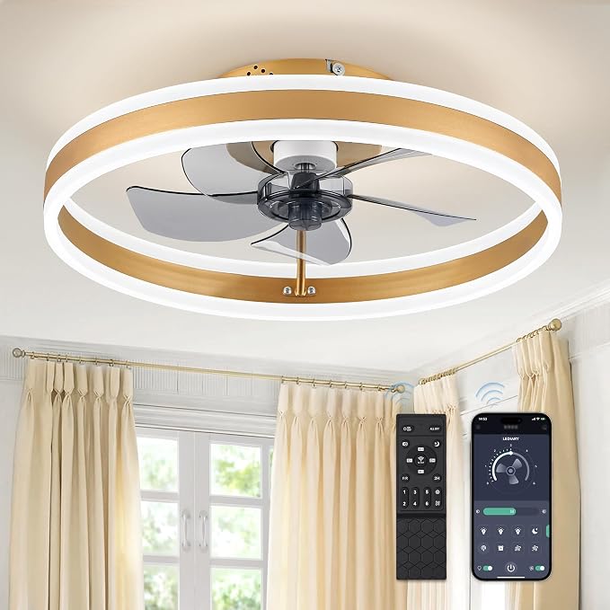 Low Profile Ceiling Fans with Lights, Flush Mount Modern Ceiling Fan and Remote Control, 19.7" LED Ceiling Fans, Stepless