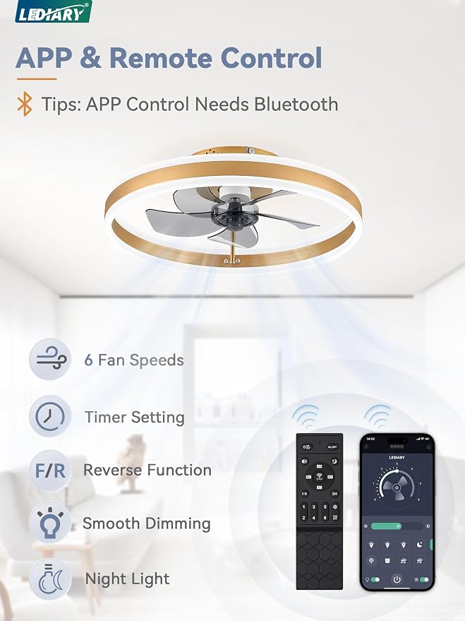 Low Profile Ceiling Fans with Lights, Flush Mount Modern Ceiling Fan and Remote Control, 19.7" LED Ceiling Fans, Stepless