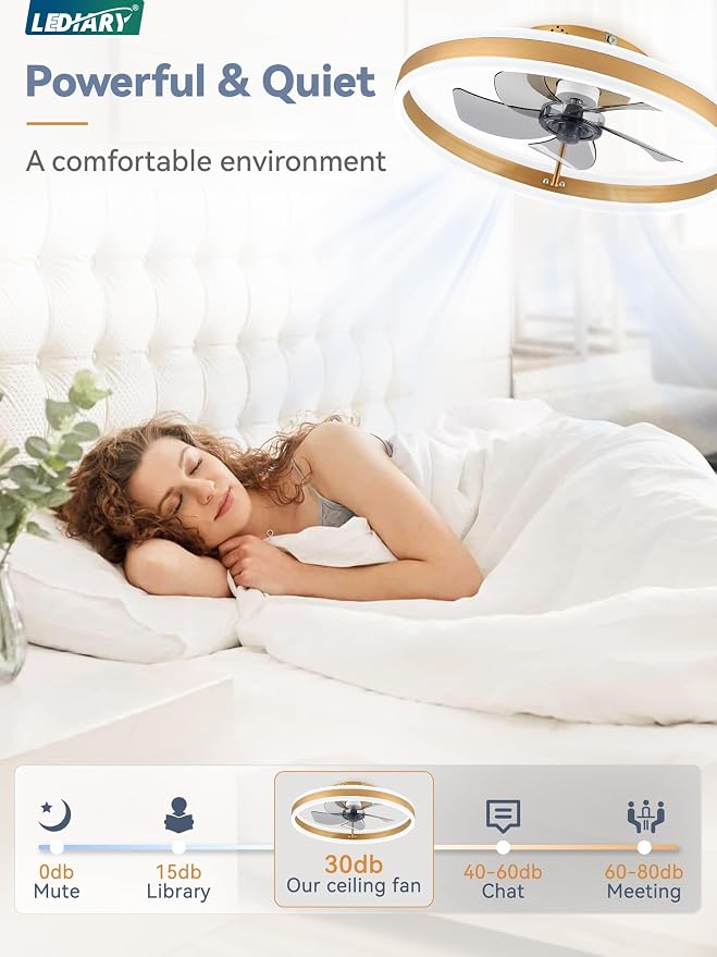 Low Profile Ceiling Fans with Lights, Flush Mount Modern Ceiling Fan and Remote Control, 19.7" LED Ceiling Fans, Stepless