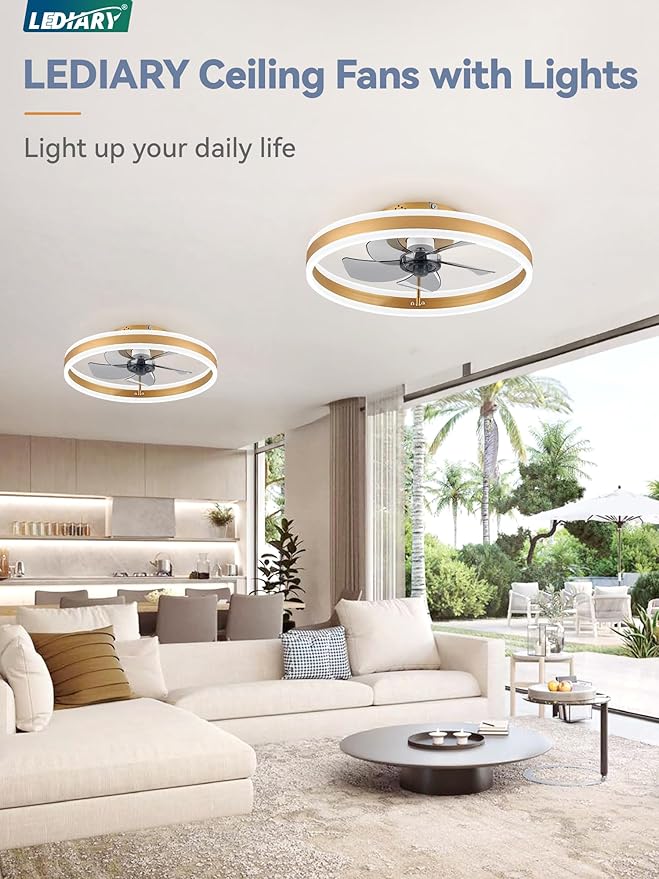 Low Profile Ceiling Fans with Lights, Flush Mount Modern Ceiling Fan and Remote Control, 19.7" LED Ceiling Fans, Stepless