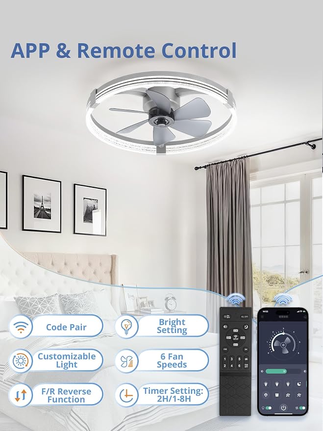 Low Profile Ceiling Fans with Lights, Flush Mount Modern Ceiling Fan and Remote Control, 23" LED Ceiling Fans, alternate