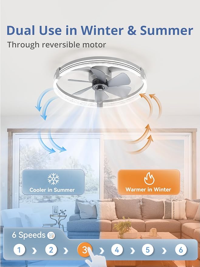 Low Profile Ceiling Fans with Lights, Flush Mount Modern Ceiling Fan and Remote Control, 23" LED Ceiling Fans, alternate