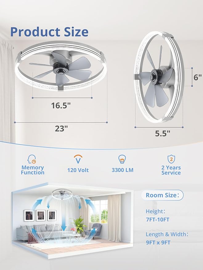 Low Profile Ceiling Fans with Lights, Flush Mount Modern Ceiling Fan and Remote Control, 23" LED Ceiling Fans, alternate