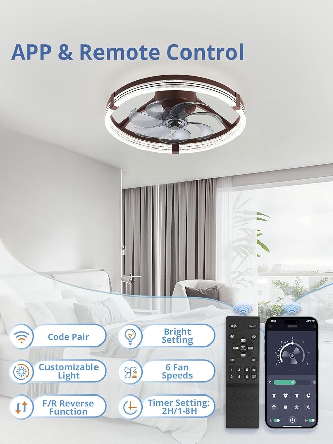 Low Profile Ceiling Fans with Lights, Flush Mount Modern Ceiling Fan and Remote Control, 20" LED Ceiling Fans, alternate