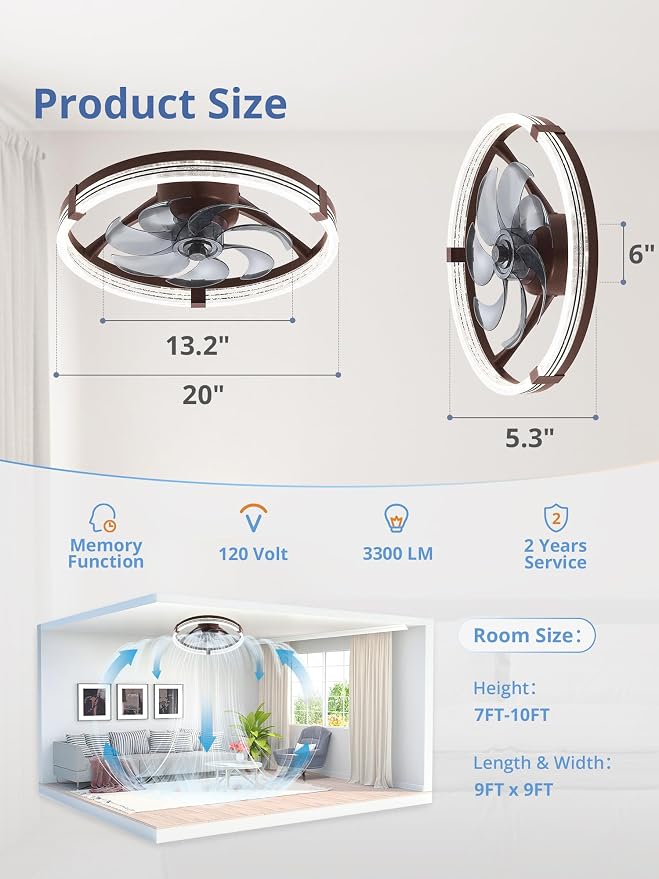 Low Profile Ceiling Fans with Lights, Flush Mount Modern Ceiling Fan and Remote Control, 20" LED Ceiling Fans, alternate