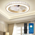 Low Profile Modern Crystal Chandelier Ceiling Fans with Lights and Remote, 3000K-6500K Smart Bladeless LED Fan Light, 18"