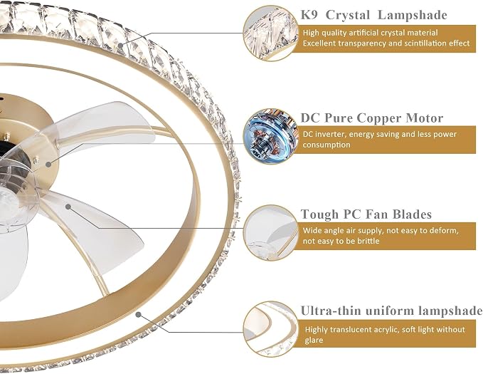 Low Profile Modern Crystal Chandelier Ceiling Fans with Lights and Remote, 3000K-6500K Smart Bladeless LED Fan Light, 18"