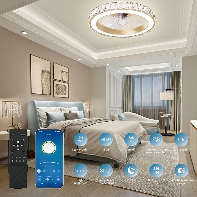 Low Profile Modern Crystal Chandelier Ceiling Fans with Lights and Remote, 3000K-6500K Smart Bladeless LED Fan Light, 18"